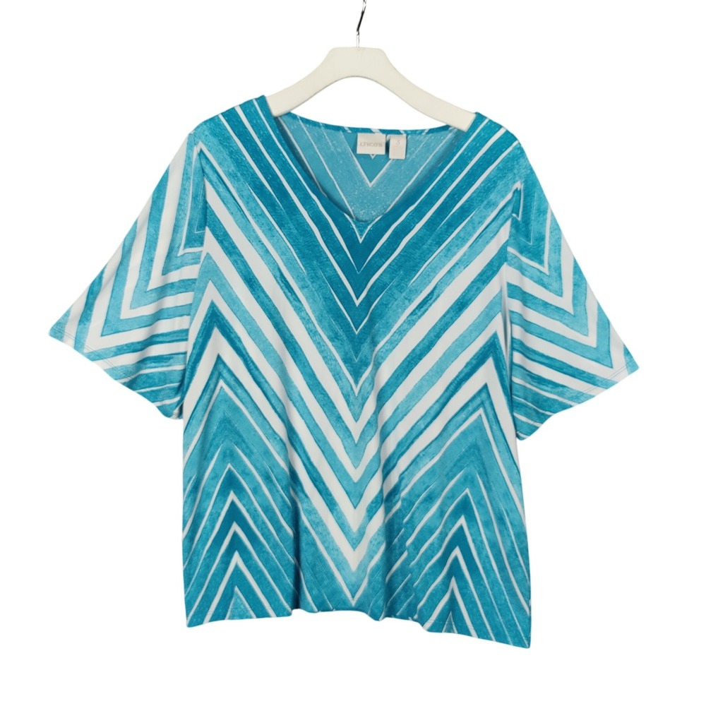 Chicos V-Neck Resort Chevron Short Sleeve Stretchy Top Teal White Womens 3 US XL